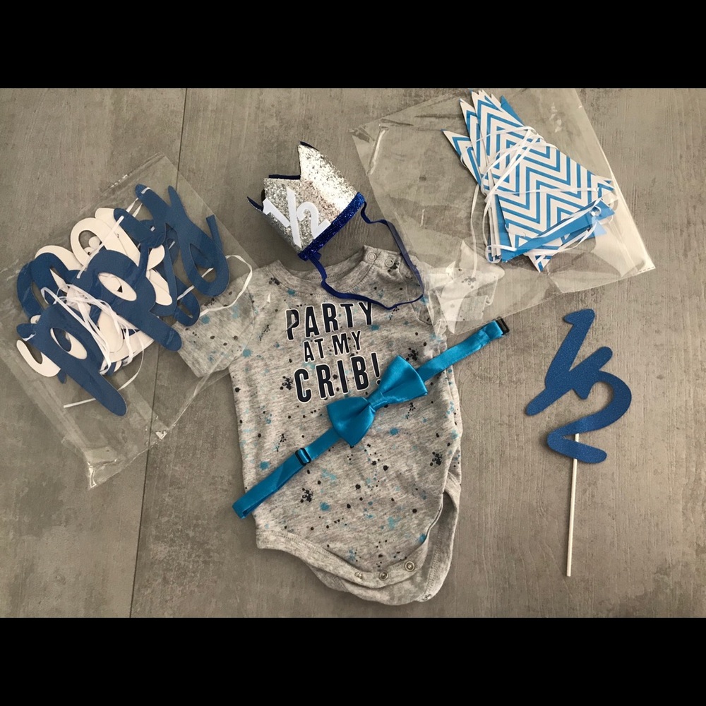 Baby Boy 1/2 Birthday outfit and decorations